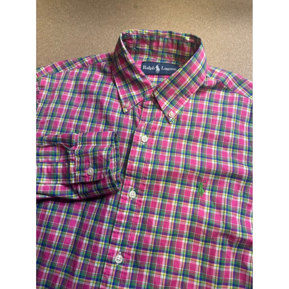 Ralph Lauren Mens Pink Green Plaid Button Down Shirt Long Sleeve Small $89